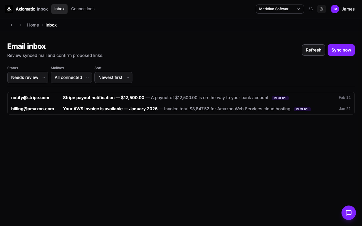 Inbox — needs-review queue with receipts and CRM threads in TripleBooks