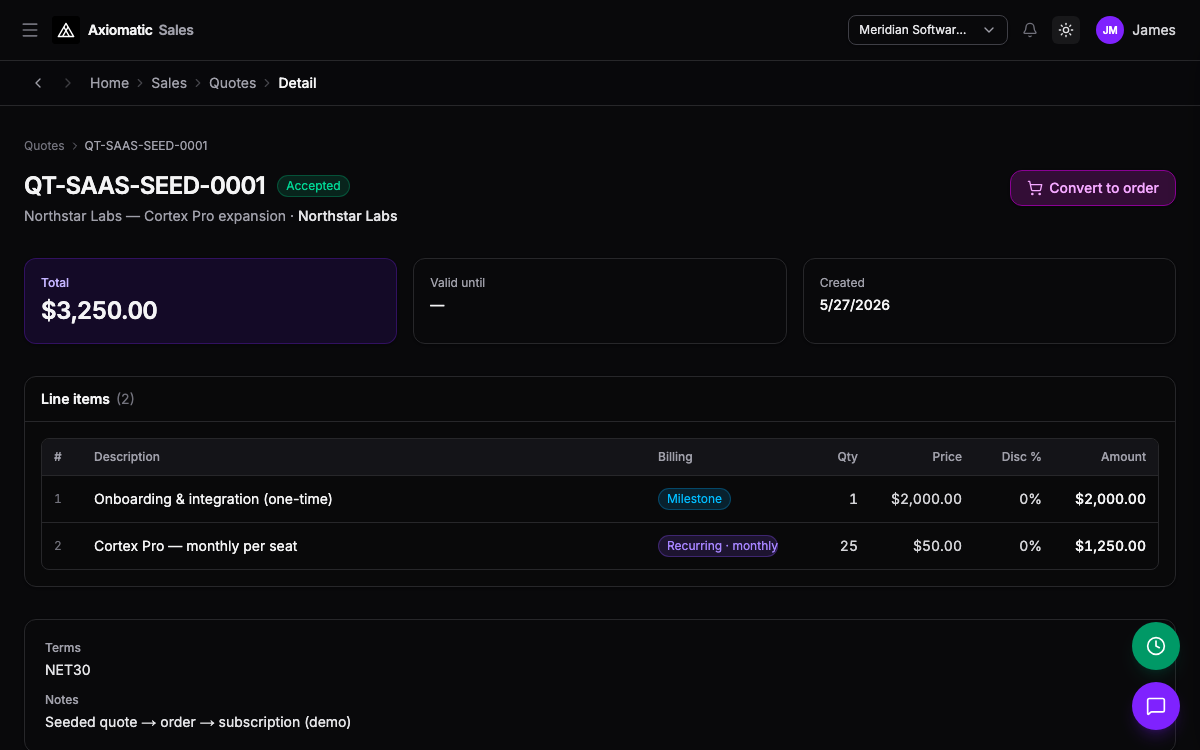 Sales — quote detail with line items and convert-to-order in TripleBooks