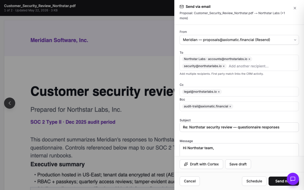 CRM — multi-recipient outbound email compose with To, Cc, and Bcc on a customer document in TripleBooks