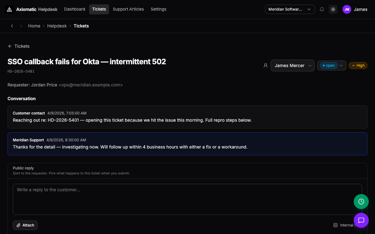 Helpdesk — ticket thread, customer context, and responder tools in TripleBooks