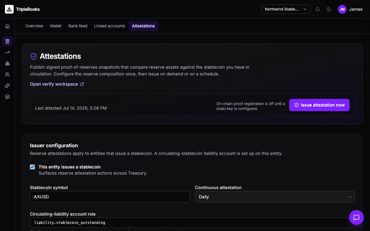 Proof of reserves — AXUSD attestation settings, reserve balance pool, and signed snapshots in TripleBooks